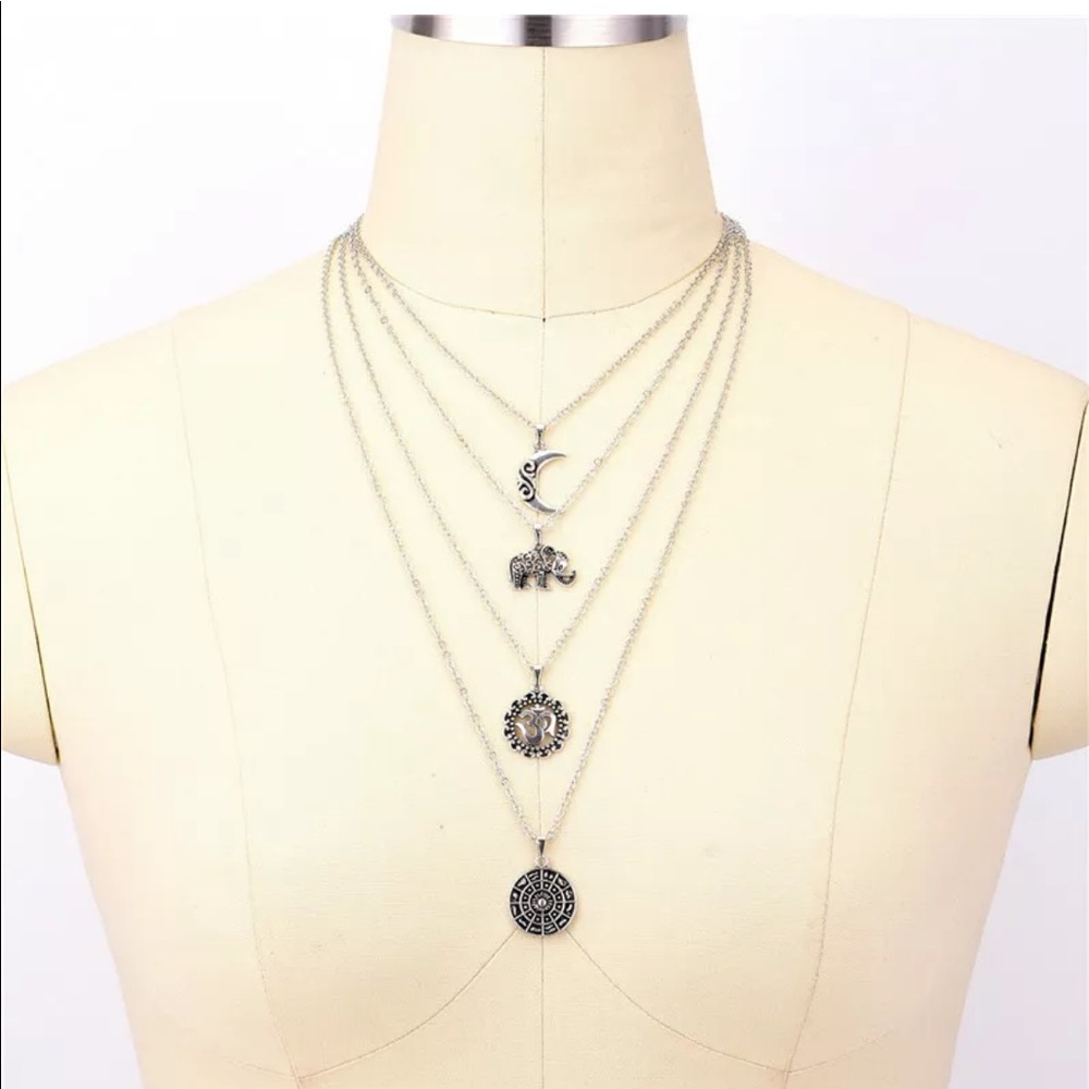 Boho Necklace Silver Chain Elephant Sun Moon Fower - Picture 5 of 6